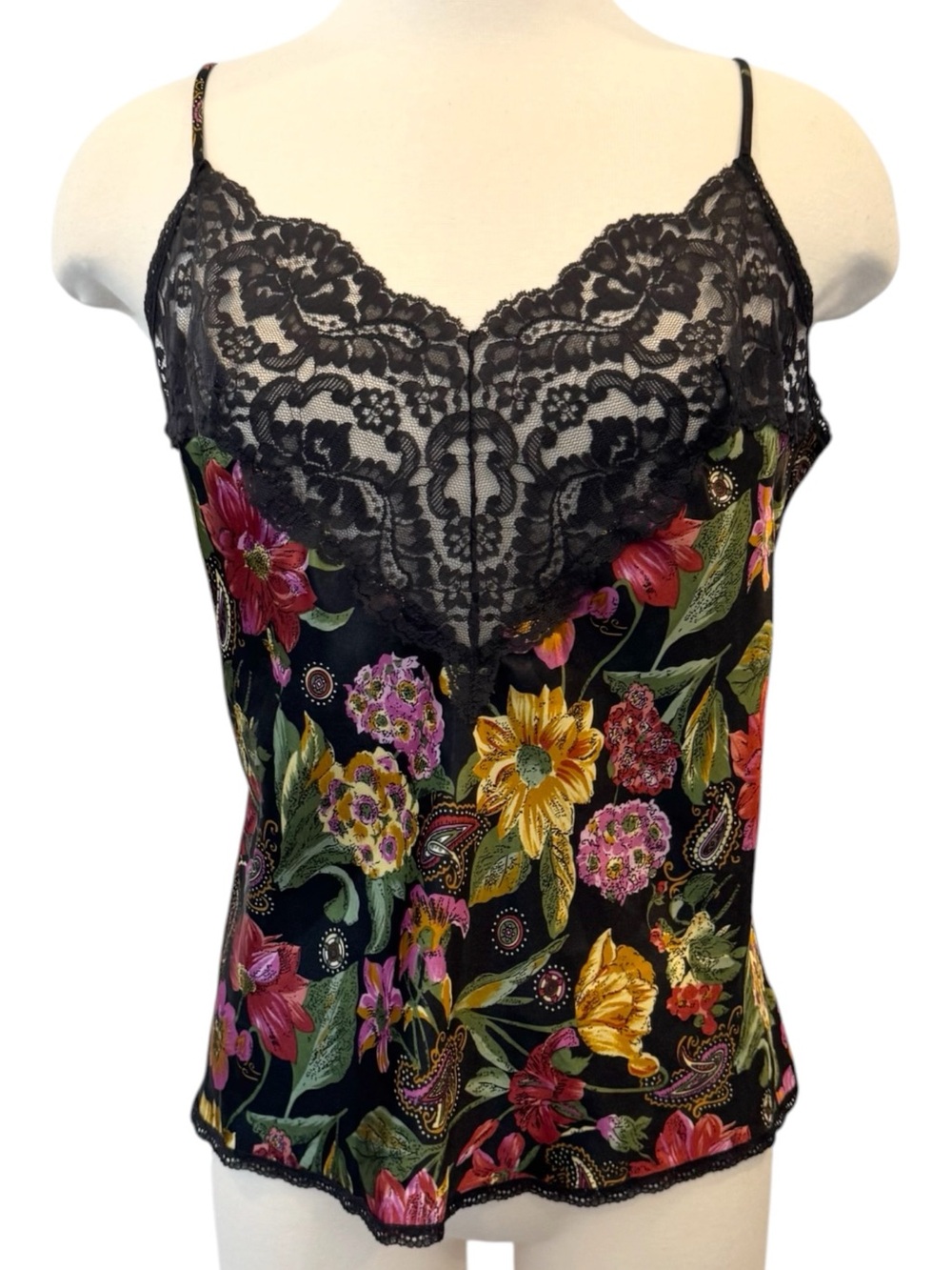 Vintage Vanity Fair Silky Satin Gothic Floral Lace Camisole Cami Top 38 L XL